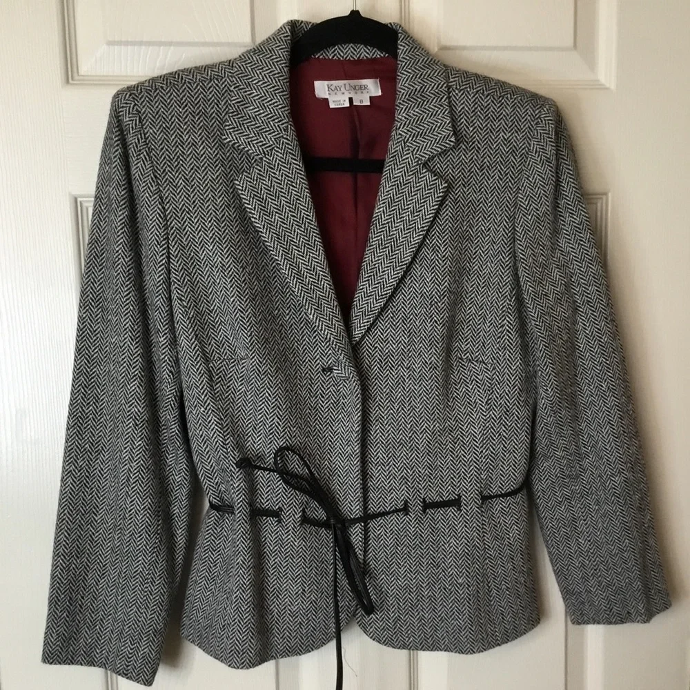 Kay Unger Black & White Herringbone Tweed Wool Blend Blazer - 8